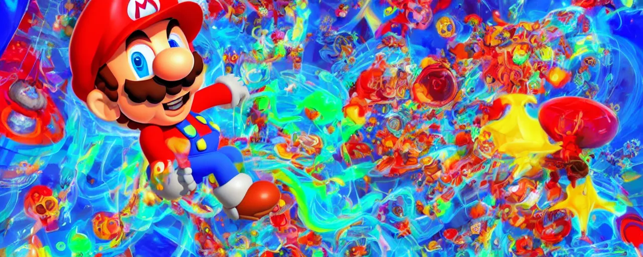 Image similar to glichy red blue green illustration super mario as real human having psychedelic trip on mushrooms shamanic atmosphere machground with chemical molecules structures. hypnotic fractals spirals. by sachin teng and sergey kolesov and ruan jia and heng z. graffiti art, scifi, fantasy, hyper detailed. octane render. concept art. trending on artstation