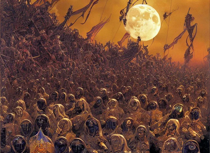 Image similar to beautiful as the moon, terrible as an army with banners. art by james c. christensen and james gurney