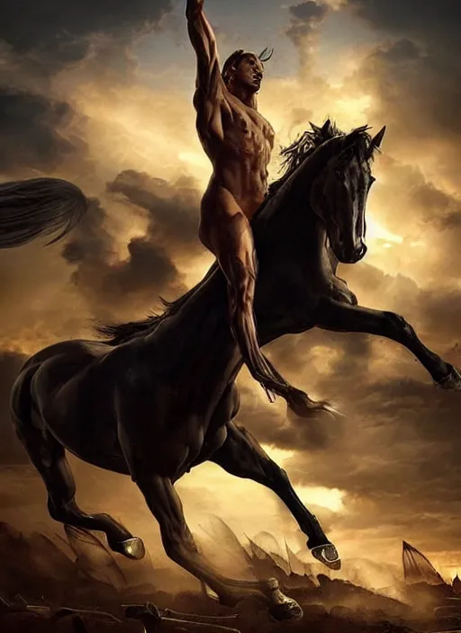 Image similar to the singular horseman of the apocalypse is riding a strong big black stallion, horse is up on its hind legs, the strong male rider is carrying the scales of justice, beautiful artwork by artgerm and rutkowski, breathtaking, beautifully lit, dramatic