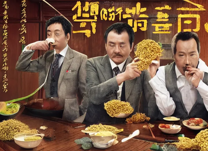 Image similar to a very high resolution image from a new movie, two deer wearing suits are eat instant noodles in a shabby temple directed by zhangke jia