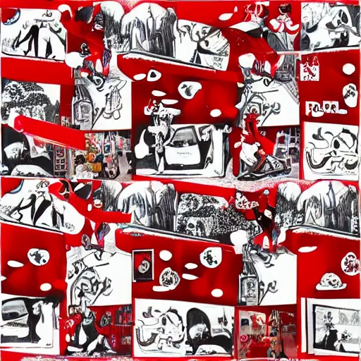 Image similar to red and white peppermint candy land collage in the style of Klaus Voormann, 1960s illustration, high quality, album cover