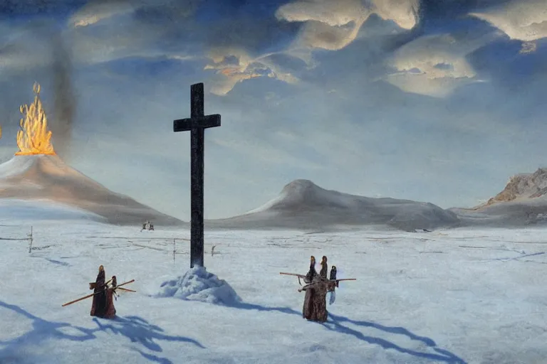 Prompt: a cross set on fire on a snow covered field, painting by salvador dali, a matte painting by li shida, cgsociety, context art, redshift, matte painting, reimagined by industrial light and magic