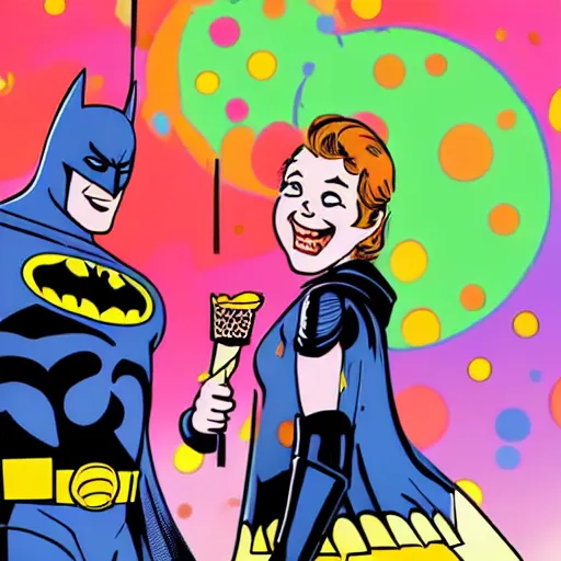 Prompt: batman and robin having fun at a carnival together laughing enjoying ice cream, 4 k