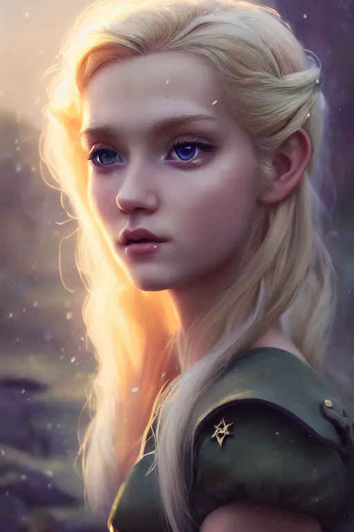 Image similar to cinematic shot of an epic portrait of a cute blonde fairy dressed in military clothes, stylised military clothes, shiny skin, beautiful eyes, beautiful, small details, night setting, realistic poster with volumetric light from craig mallism, artgerm, jeremy lipkin and michael garmash, unreal engine, radiant light, digital art, trends at art station, a masterpiece