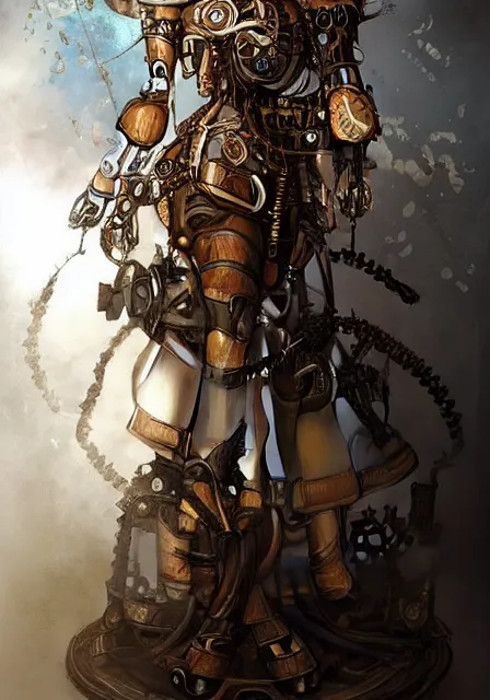 Prompt: steampunk clockwork durga mecha by marek okon designed by alexander mcqueen dress by peter mohrbacher