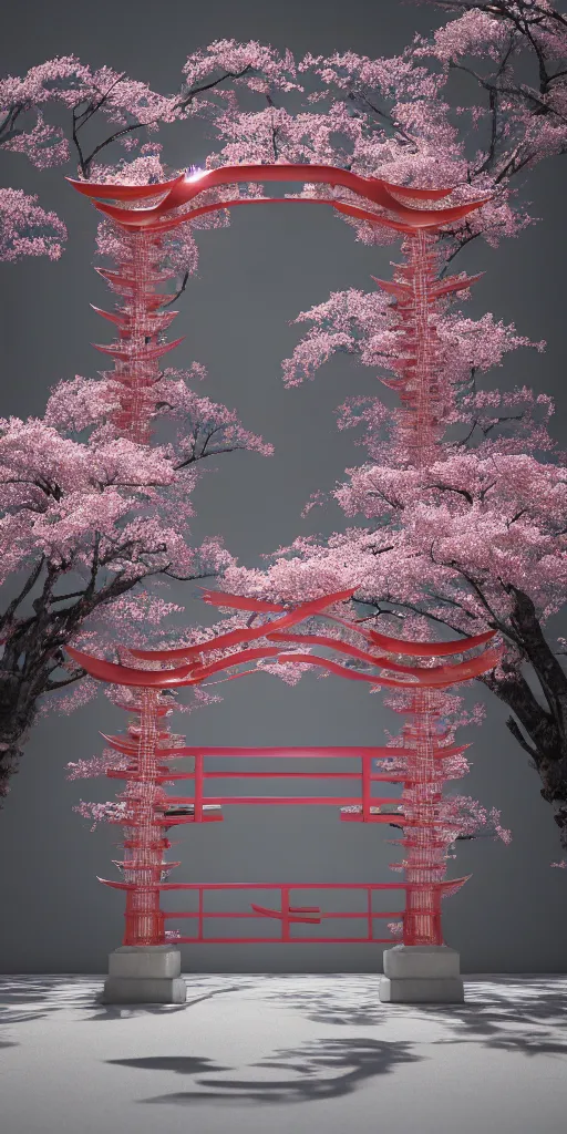 Prompt: 3 d photographic render of melting japanese torii gate and sakura flowers sculpture made of chrome, chrometype, made of liquid metal, neotribal with thorns and thunders, cyberpunk, raytracing, fov, hyper realistic, volumetric lightning, 8 k, by zhelong xu and ouchh studio