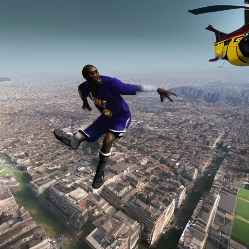 Image similar to Kobe Bryant jumping from a helicopter, hyper detailed, 8k resolution