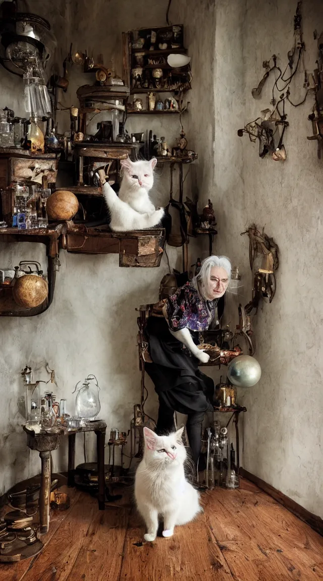 Image similar to full body protrait beautifull witch with white hair in old room. A cristal ball on a wood table with a potions and old instruments. A cat on the floor licking his paw. photorealistic, profesional photo, by Steve McCurry