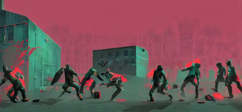 Image similar to handmade illustration of a violent street fight with weapons in an industrial room, line art, octane render with volumetric lighting, miniatures by wes anderson, cedric peyraavernay, waste processing machinery, bladerunner, green and red radioactive swamp, by Remedios Varo and Anato Finnstark and Greg Rutkowski, dayglo pink, dayglo blue, dazzle camouflage, 8k, trending on ArtStation