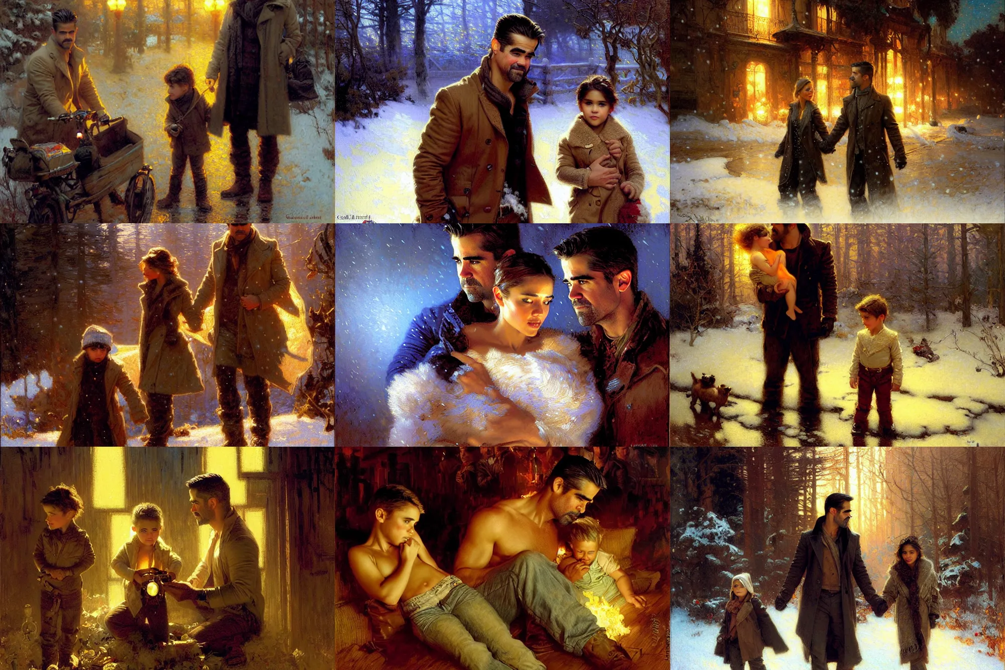 Prompt: winter, colin farrell with jessica alba, with their son, neon light, painting by gaston bussiere, craig mullins, j. c. leyendecker