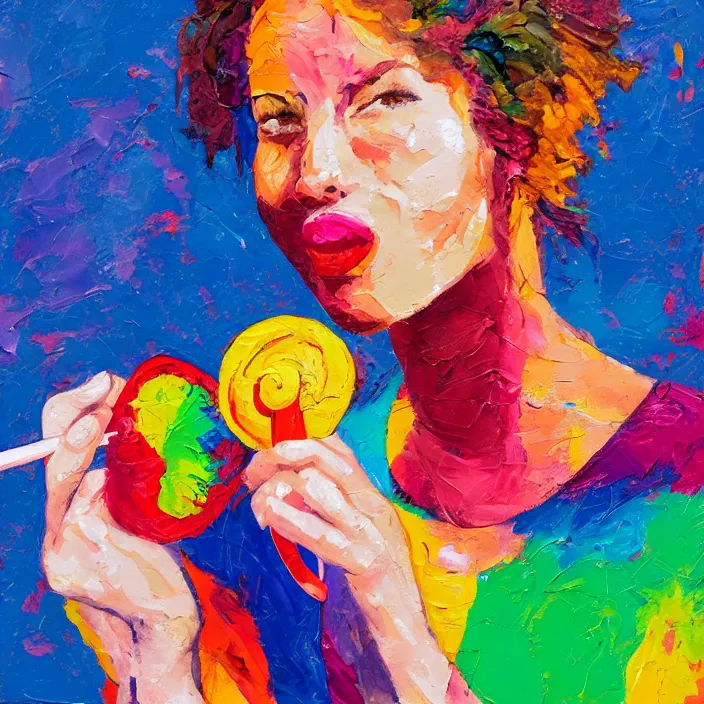 Image similar to portrait of beautiful woman licking a lollipop painted with colorful gouache impasto