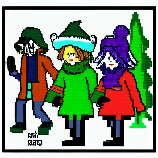 Image similar to ralsei, kris and susie from deltarune walking friendly village in winter, pixel art, 8 bit