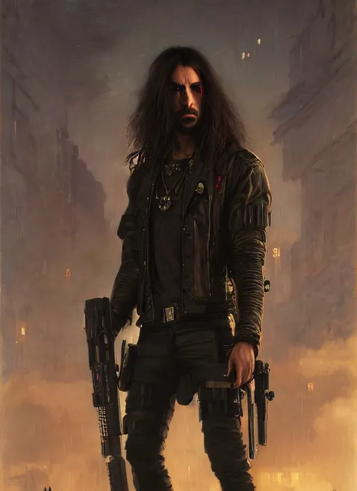 Image similar to long hair vampire. cyberpunk mercenary in a military vest ( blade runner 2 0 4 9, cyberpunk 2 0 7 7 ). orientalist portrait by john william waterhouse and james gurney and theodore ralli and nasreddine dinet, oil on canvas. cinematic, hyper realism, realistic proportions, dramatic lighting, high detail 4 k