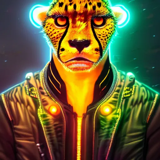 Image similar to a beautiful commission of a male anthropomorphic cheetah wearing a neon jacket,futuristic,detailed face,mohawk,cyberpunk style,deviantart,artstation,art by greg rutkowski,ross tran,professional lighting,neon city,night,raytracing,rtx,highly realistic,4k,dramatic,hyperrealism