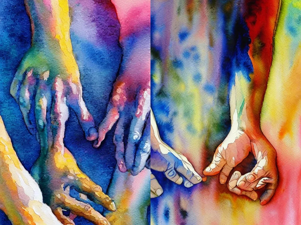 Prompt: big impressionist watercolor strokes by Andrew Henderson, by Rae Klein and by Anthony Cudahy, dramatic lighting, ap art, love art, an extreme close-up of a spiritually divine hand couple holding hands by Mark Tennant, fine art america, japanese art on behance