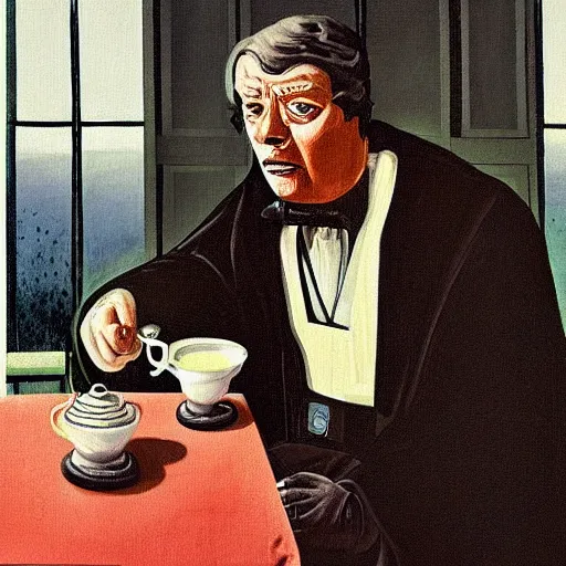 Image similar to darth vader sits on a chair behind a coffee salt on a summer veranda and holds in his hand a small china cup with tea from which steam comes out, in the stylization of paintings of romanticism, detailed facial proportions