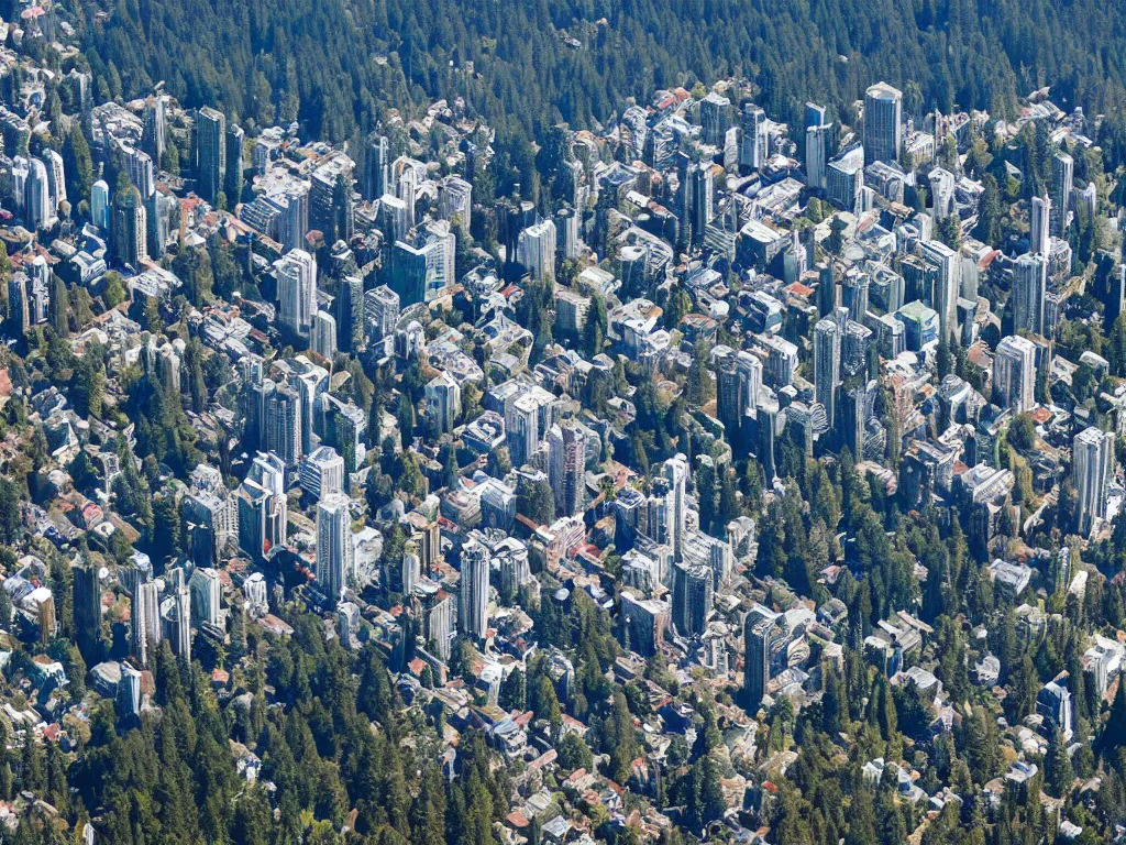 Prompt: bird's eye view photo of a metropolis highrise city, redwood forest to the south