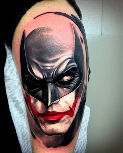 Image similar to tattoo of a half face batman and half face joker