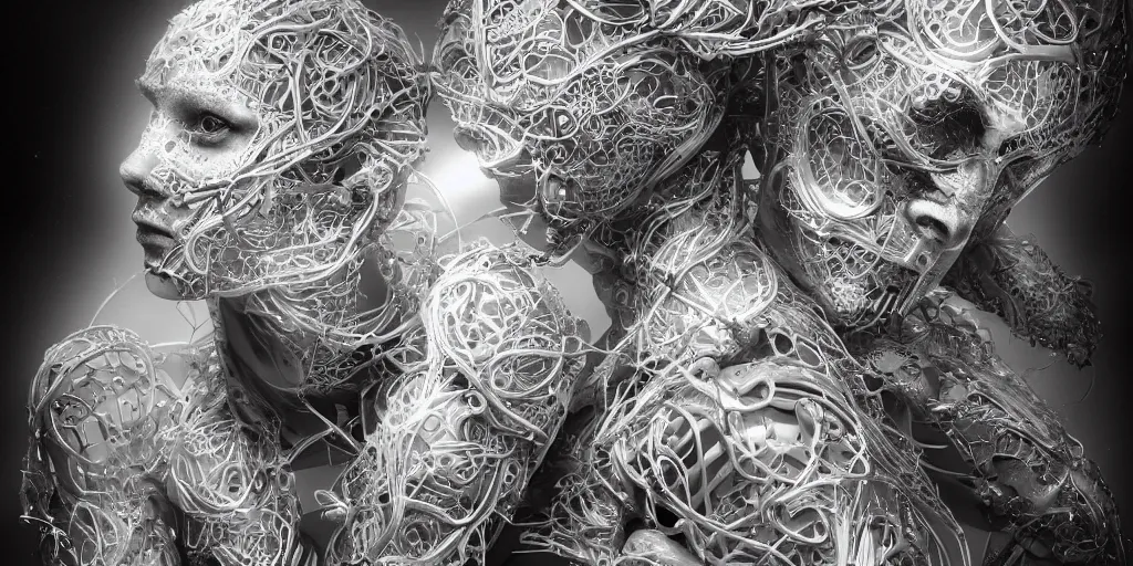 Image similar to hyperrealistic photography of a stunningly beautiful cyborg male, consciences being installed sci - fi, intimate, intricate filigree, fibonacci, in the style of beth cavener, jin kagetsu, and wlop, highly detailed, chrome face symmetry, masterpiece, award winning, sharp focus, concept art, high key, ambient lighting, 8 k, octane render,