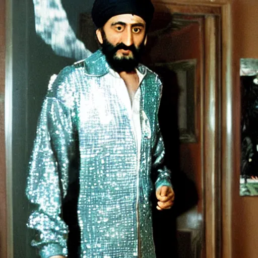 Image similar to A still of Osama Bin Laden wearing a disco suit in Saturday Night Fever