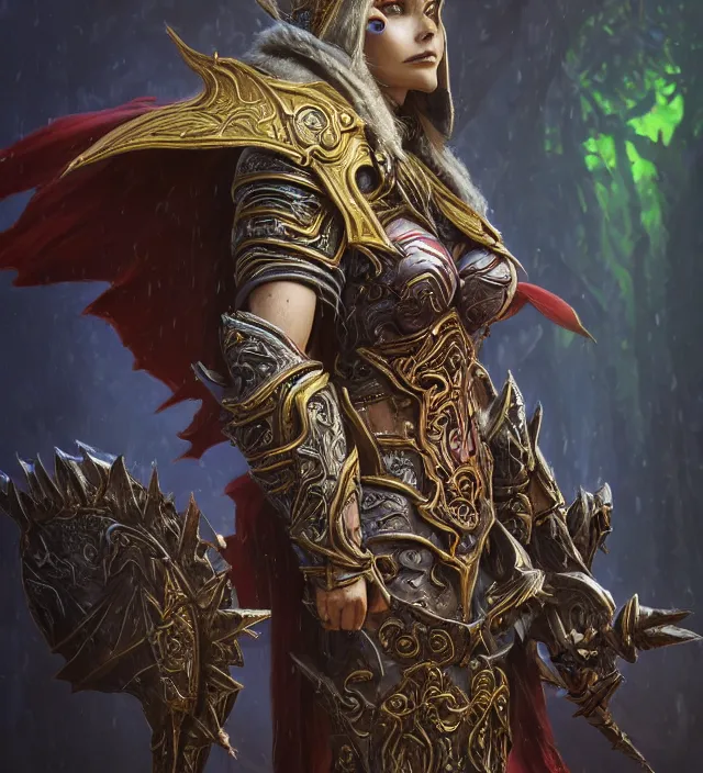 Image similar to Sylvanas Windrunner portrait, intricate ornate armor, subject in the middle of the frame, rule of thirds, golden ratio, elegant, digital painting, octane 4k render, zbrush, hyperrealistic, artstation, concept art, smooth, sharp focus, illustration from Warcraft by Ruan Jia and Mandy Jurgens and Artgerm and William-Adolphe Bouguerea