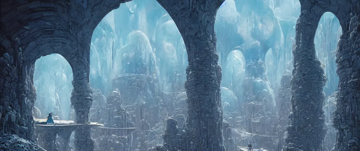 Prompt: A beautiful illustration of a domed utopian retro futuristic city built in a massive ice cavern looking out to another world by Daniel merriam | sparth:.3 | Time white:.3 | Rodney Matthews:.3 | Graphic Novel, Visual Novel, Colored Pencil, Comic Book:.2 | unreal engine:.3 | establishing shot:.7