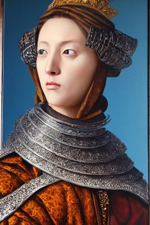 Prompt: hyperrealism oil painting, close - up portrait of caucasian medieval fashion model, knight, steel gradient mixed with nebula sky, in style of baroque mixed with 7 0 s japan book art