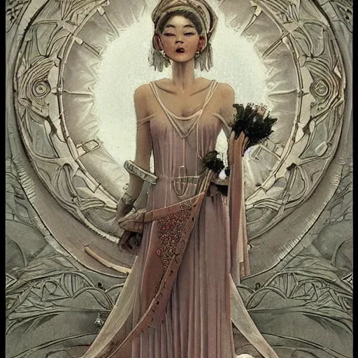 Prompt: intricate, amazing, retro vintage and romanticism, painting by natelle quek, soft color palette, highly detailed, godess from space sci - fi of ancient religion