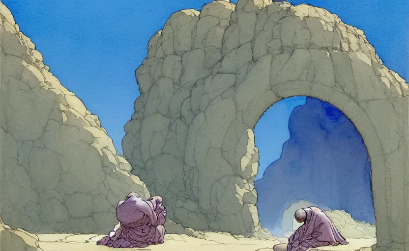 Prompt: a hyperrealist watercolour concept art of a large rock arch dimensional portal showing a clear blue sky. a medieval monk in grey robes is kneeling in prayer below it on a desert road at night. by rebecca guay, michael kaluta, charles vess and jean moebius giraud. high detail, hq, wide shot