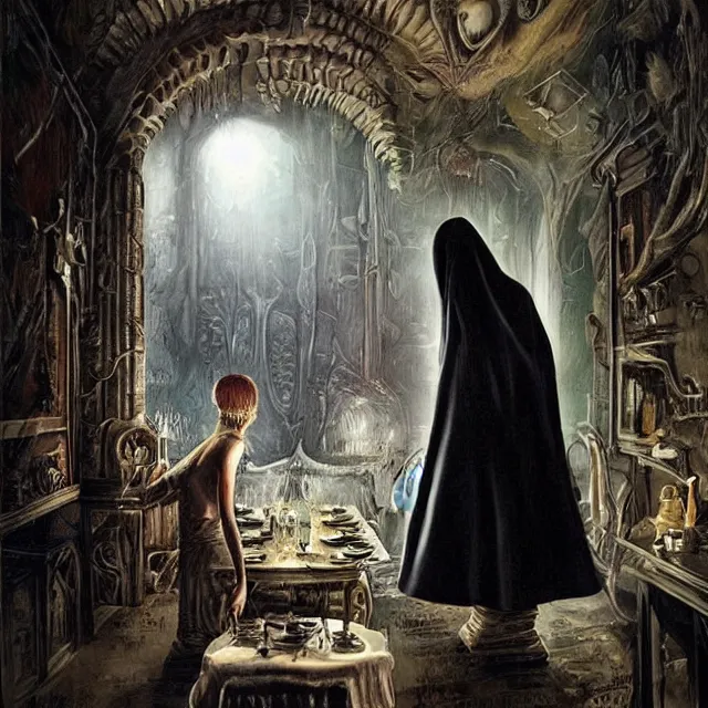 Prompt: a strange creature greeting a female explorer in a dining room, haunted house, masterpiece, detailed human face, rhads!!!, magical realism, urban fantasy, a hooded figure, a fierce woman, ( h. r. giger )