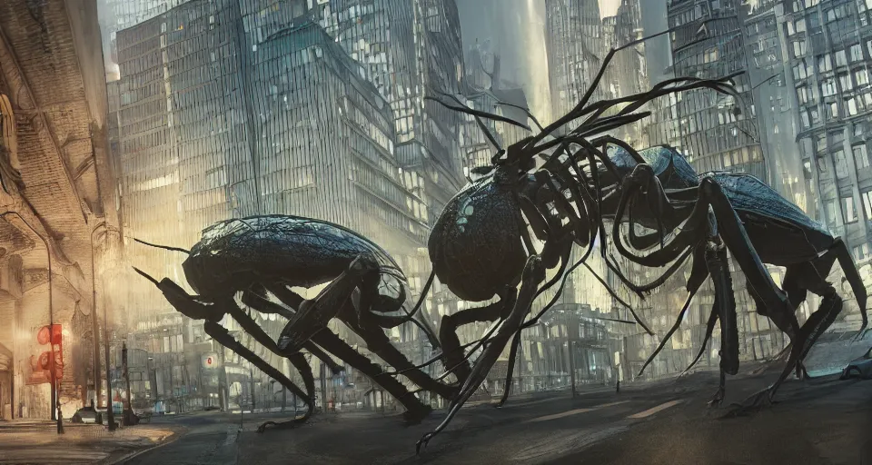 Prompt: giant insect on city streets, hyperdetailed, close up, artstation, cgsociety, night time, back lit 8k