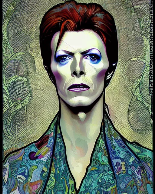 Prompt: a portrait painting of ( ( ( david bowie ) ) ) in the style of alphonse mucha!!!