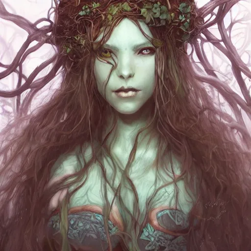 Image similar to a firbolg druid with vines for hair, fantasy, dungeons and dragons, an ultrafine detailed painting by ayami kojima, cgsociety, fantasy, anime digital art, lovecraftian, cosmic horror, detailed painting