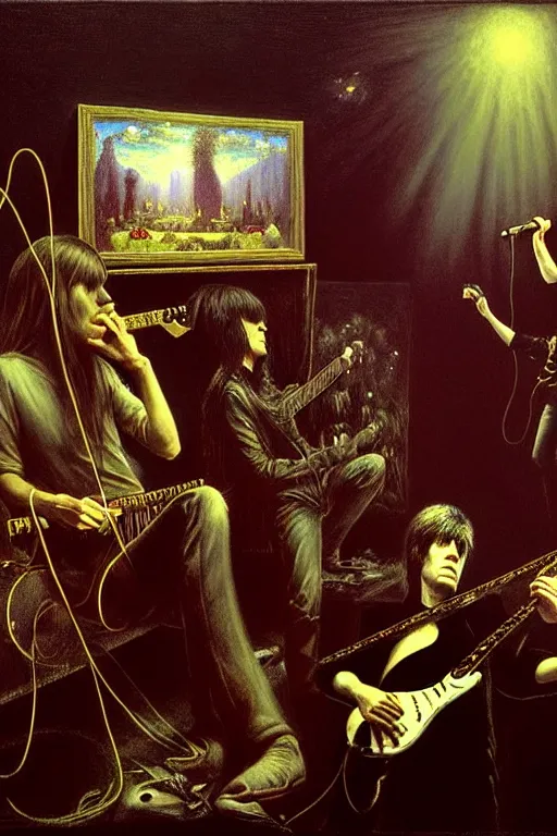 Prompt: the velvet underground and nico playing live on stage at a night club, beautiful stage decoration with flowers in the background, painting by albert bierstadt and ivan shishkin and james jean, very detailed and toned down and ornamental and moody and cool and relaxed and high on drugs, tasteful colors, trending on artstation, behance contest winner