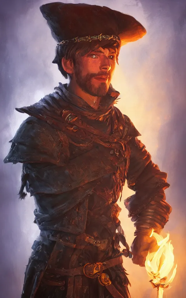 Image similar to an oil art portrait of young handsome fool adventurer, grim gwent card, gipsy blood mage adventurer character design from inquisition, 4 k, ultra detail, volumetric lighting, unreal engine, octane render