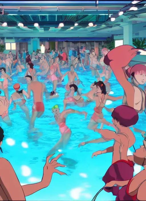 Image similar to pool party late at night with funky music people dancing in anime akira style, 8 k, hd