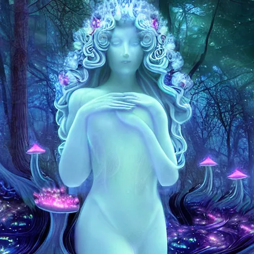 Image similar to glowing delicate flower and mushrooms that grow in a dark fatansy forest on the planet Pandora, an idealistic marble statue with fractal flowery hair in a fractal garden, symmetrical,