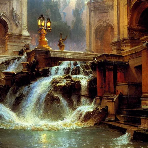 Image similar to waterfall flooding an entire city of rome. highly detailed painting by gaston bussiere, craig mullins, j. c. leyendecker