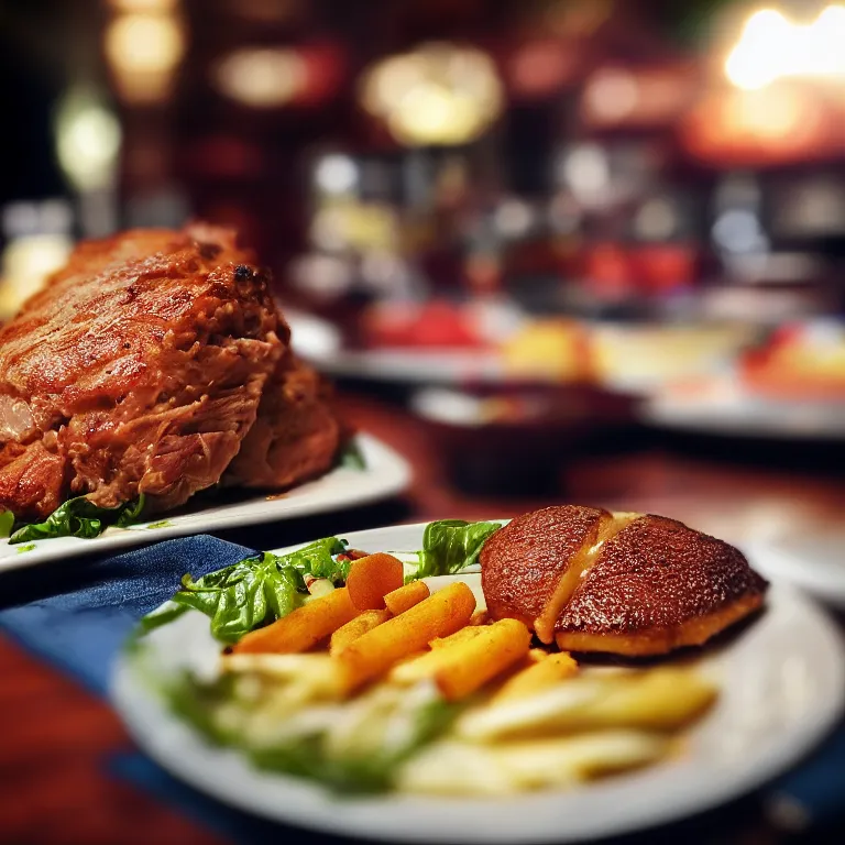 Prompt: close - up focused dslr photograph of an american dinner, 8 k, high detail, volumetric lighting, hyperrealism, aesthetically pleasing, studio lighting, trending, rule of thirds, sharp focus, tilt - shift