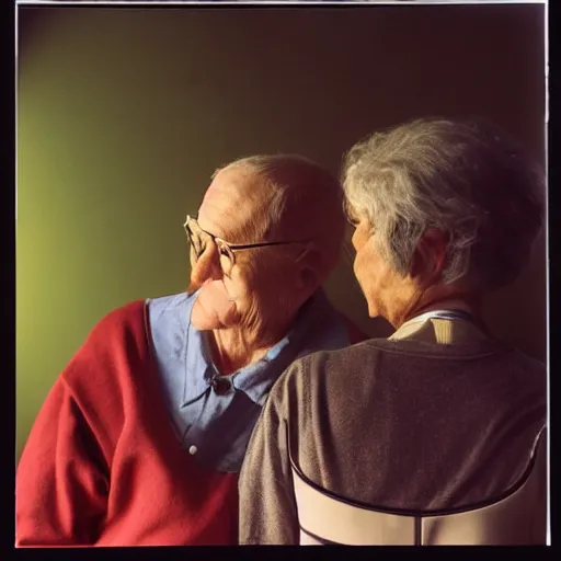 Prompt: a medium shot, colored studio photographic portrait of a old couple, dramatic backlighting from below, below light, kodachrome camera, kodachrome, with strong reds and greens, 1 9 9 9 photo from life magazine,