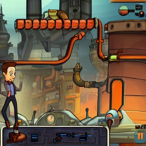 Image similar to portrait of elon musk in deponia, in game graphic, pc gameplay, screenshot, high quality