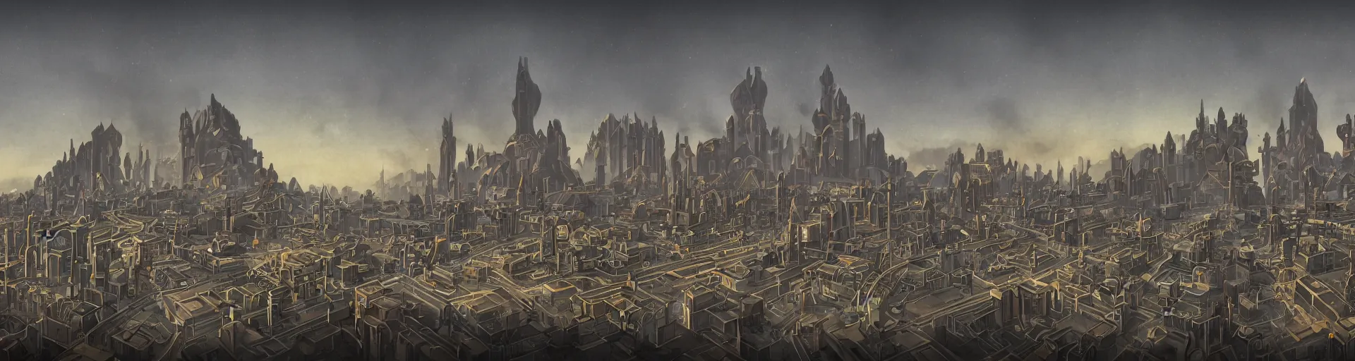 Image similar to a wide landscape shot of a dwarven city with retrofuturist art deco architecture