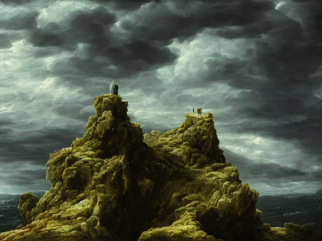 Image similar to detailed landscape, high cliff, very detailed dark super storm, hyper realistic clouds, impressive, magical, very atmospheric, smoke boiling, cinematic, deep, very high complexity, stunning, masterpiece, chiaroscuro, in the style of caspar david friedrich, very detailed. 4 k