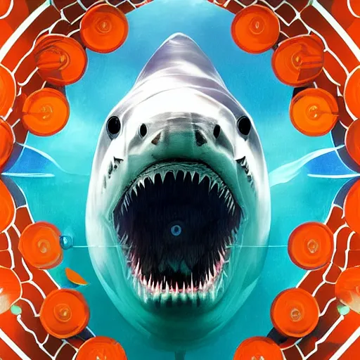Image similar to great white shark with orange and white striped traffic cones instead of teeth, underwater background detailed atmospheric - ron cheng & alphonse mucha, highly detailed, digital painting, ray tracing, concept art, illustration, smooth sharp focus, intricate, symmetry, artstation,