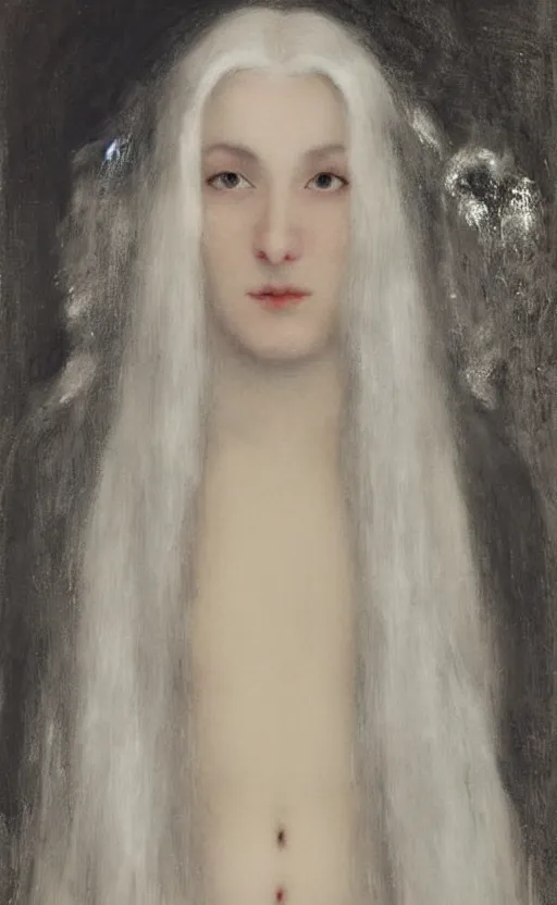 Image similar to say who is this with silver hair so pale and wan! and thin? flowing hair covering front of body, white robe, white dress!! of silver hair, covered!!, clothed!! lucien levy - dhurmer, fernand keller, fernand khnopff, oil on canvas, 1 8 9 6, 4 k resolution, aesthetic, mystery