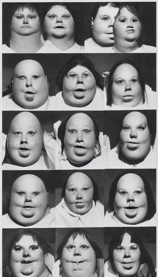 Image similar to obese coneheads, detailed facial features, 1 9 8 0 aesthetic