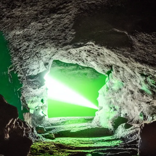 Image similar to a mysterious green light emanating from a cave entrance