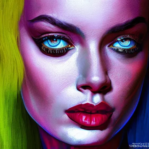 Prompt: vibrant face portrait of a diesel punk margot robbie, rihanna on the art deco streets of the big city, symmetrical face, 3 d anime, award - winning realistic sci - fi concept art by jim burns and greg rutkowski, picasso, beksinski, masterpiece, complimentary colors, james gilleard, bruegel, alphonse mucha, and yoshitaka amano