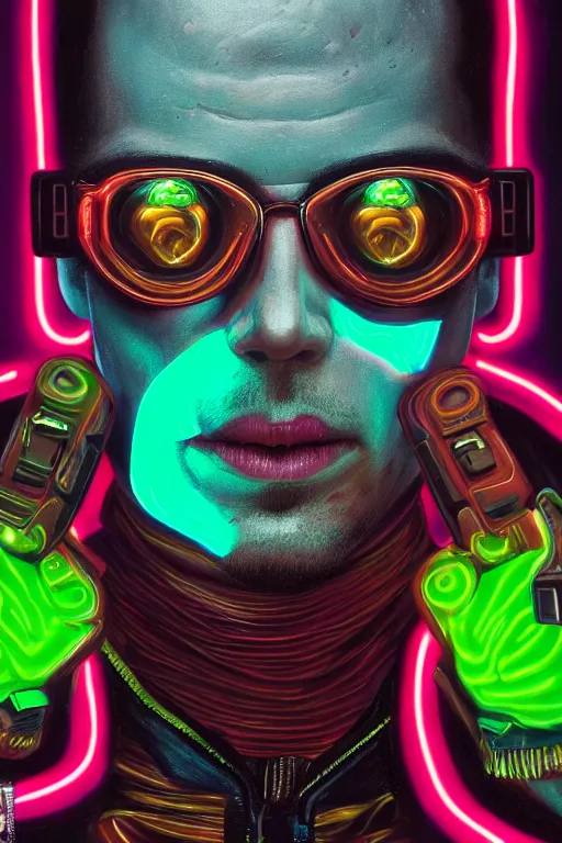 Prompt: detailed portrait of a cyberpunk male with face augmentations, strong neon lighting, raining, mysterious, mirror shades, by glenn fabry, hyper realistic, HD, oil on canvas