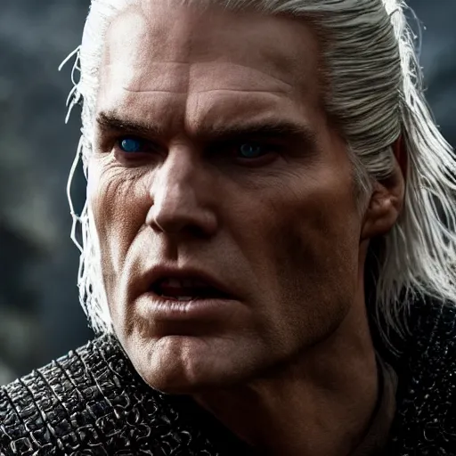 Prompt: donald trump as geralt of rivia from the witcher movie, dramatic film still, close - up, details, sigma 7 5 mm